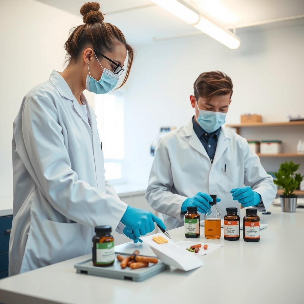 Natural wellness laboratory featuring scientists developing premium supplements